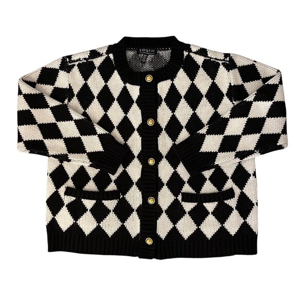 Eloquii Women Cardigan Size 14/16 Argyle Knit Gold Button Retro Mod Maximalist - Picture 1 of 10